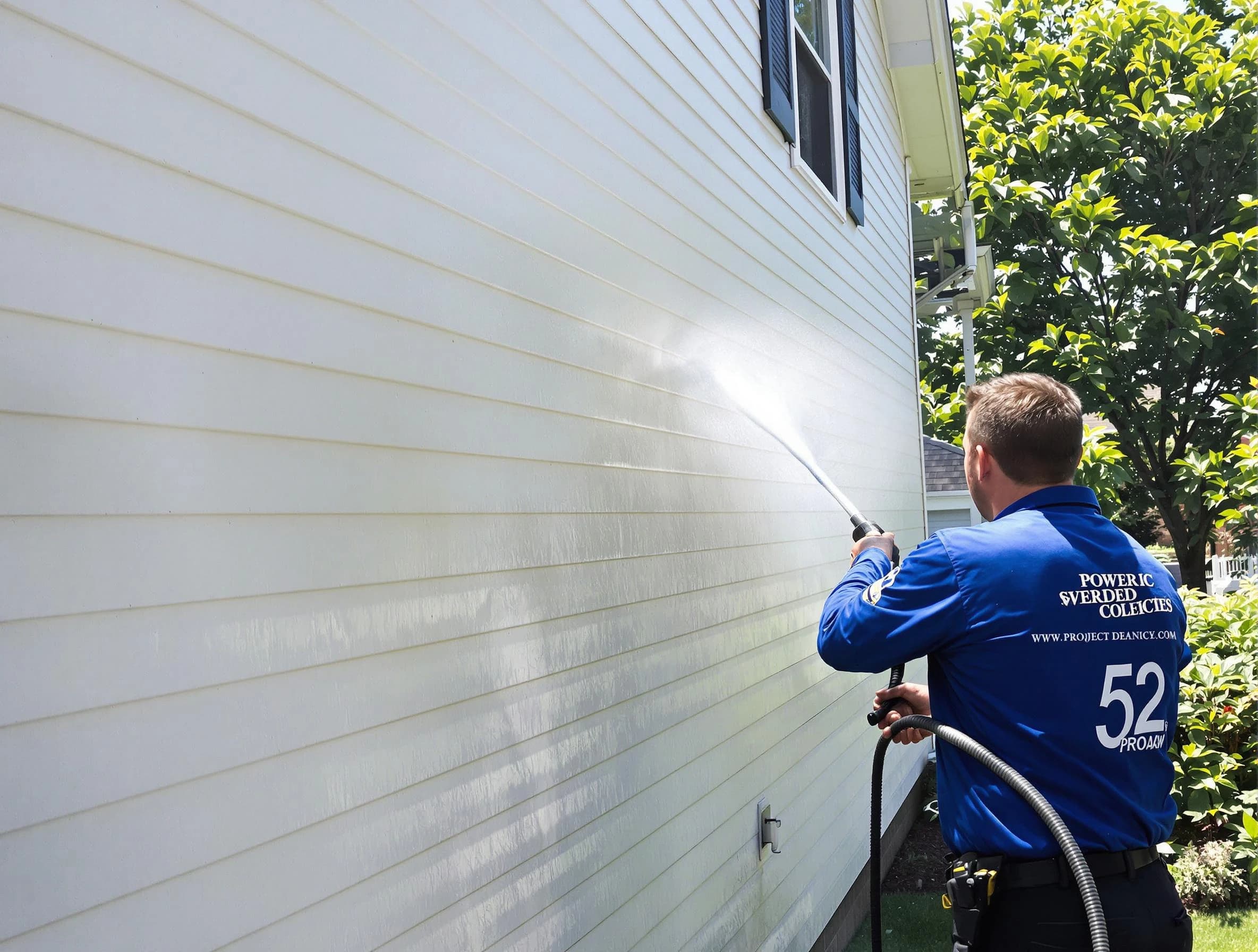 A Westlake Power Washing technician power washing a home in Westlake