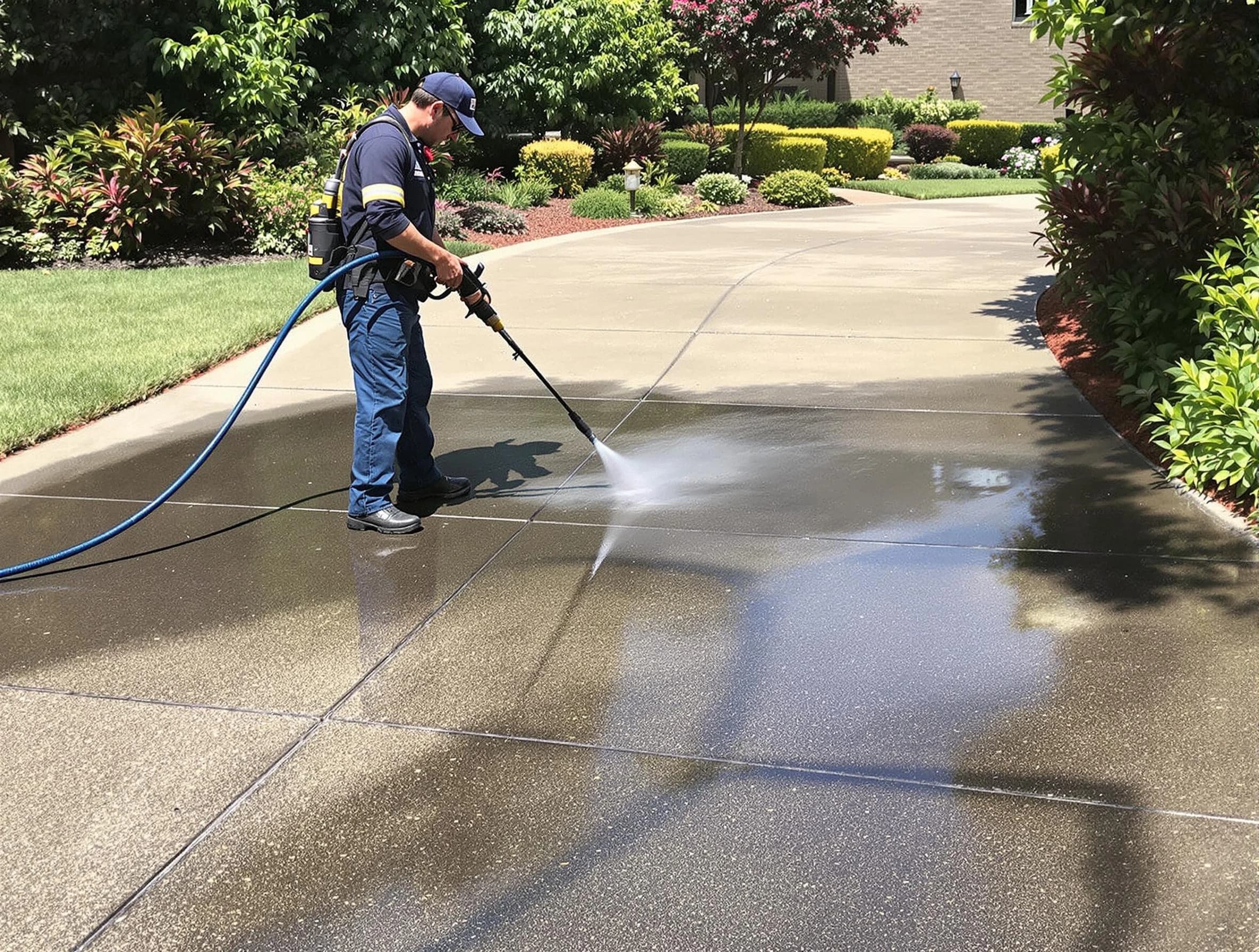 Experienced Westlake Power Washing team member pressure washing a driveway in Westlake